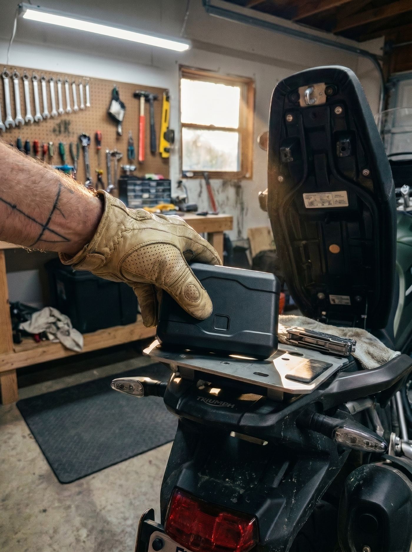 A gloved hand placing the Orb under a motorcycle seat
