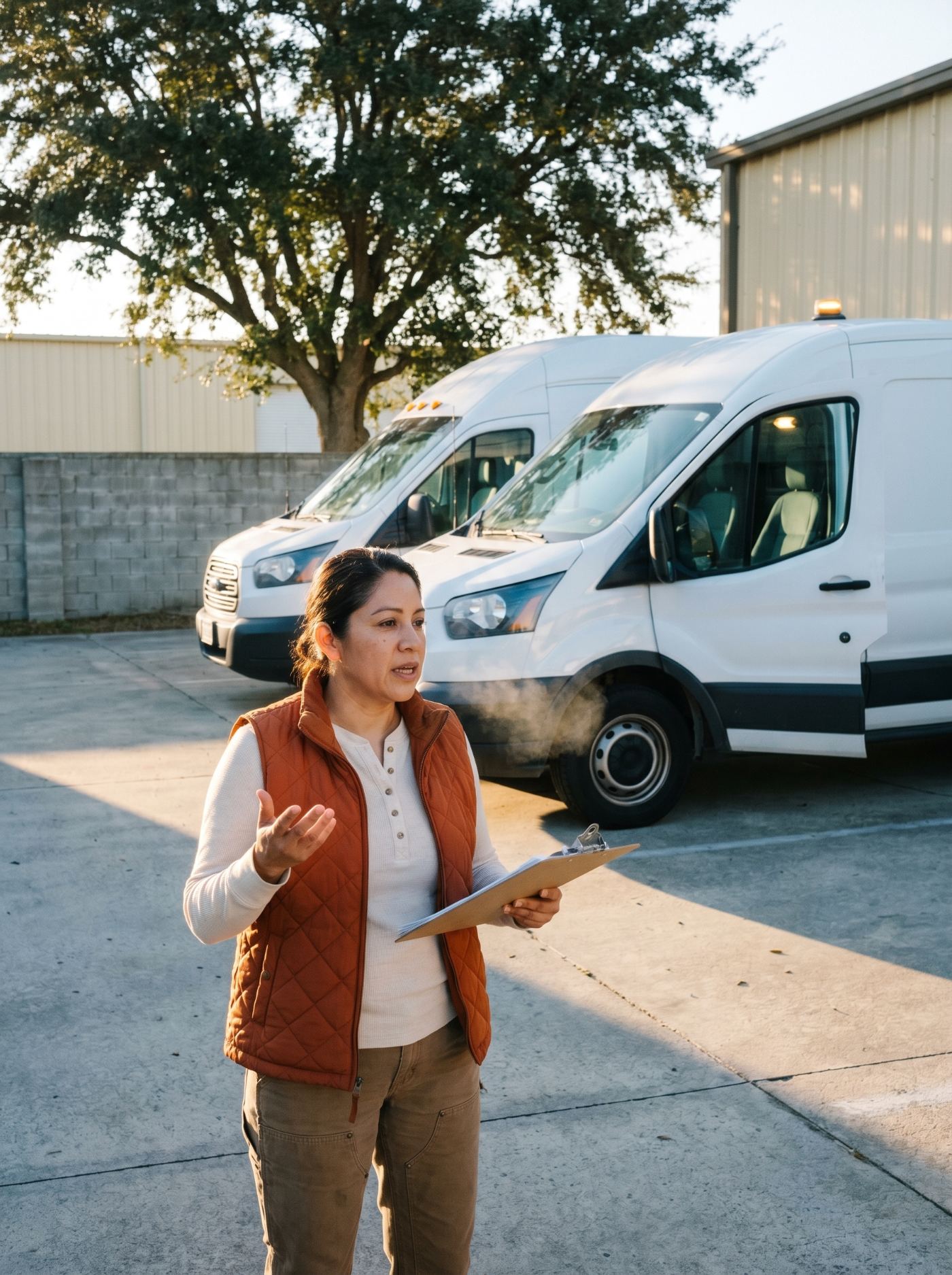 Fleet manager with two Transit vans in a yard