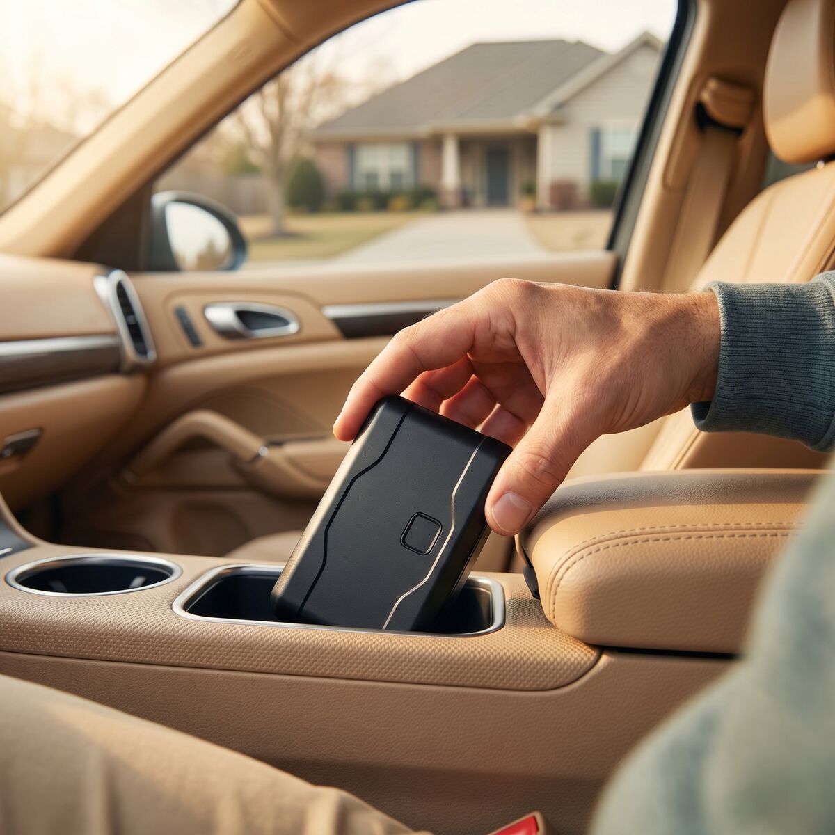 A hand lowering the Locosafe Orb into a car's center-console tray, a suburban house visible through the windshield