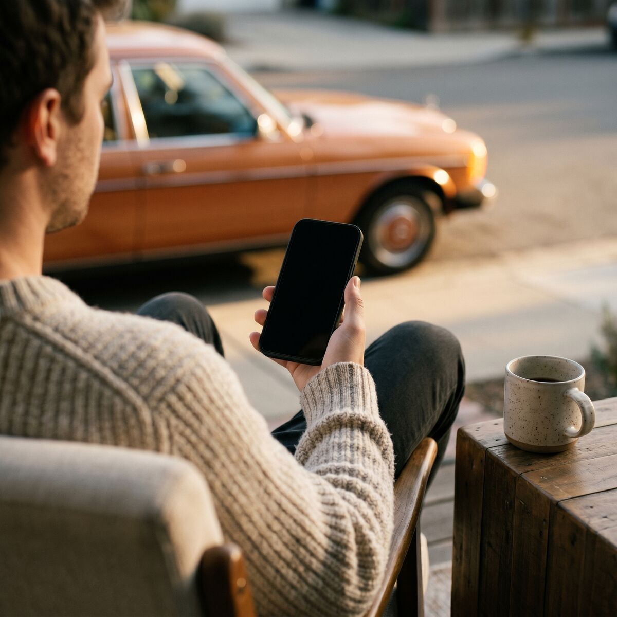 A person seated outdoors holding a phone, an amber classic car blurred in the background and a ceramic coffee mug on a wooden table