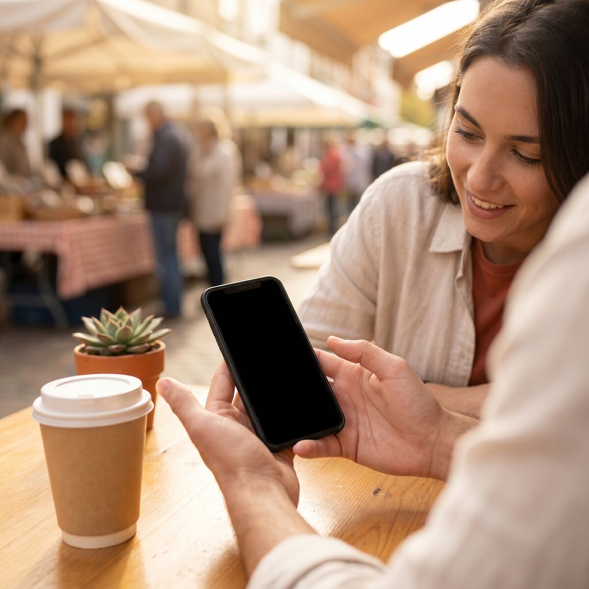 Two people at an outdoor café table, one showing the other a phone, a coffee cup and small succulent nearby