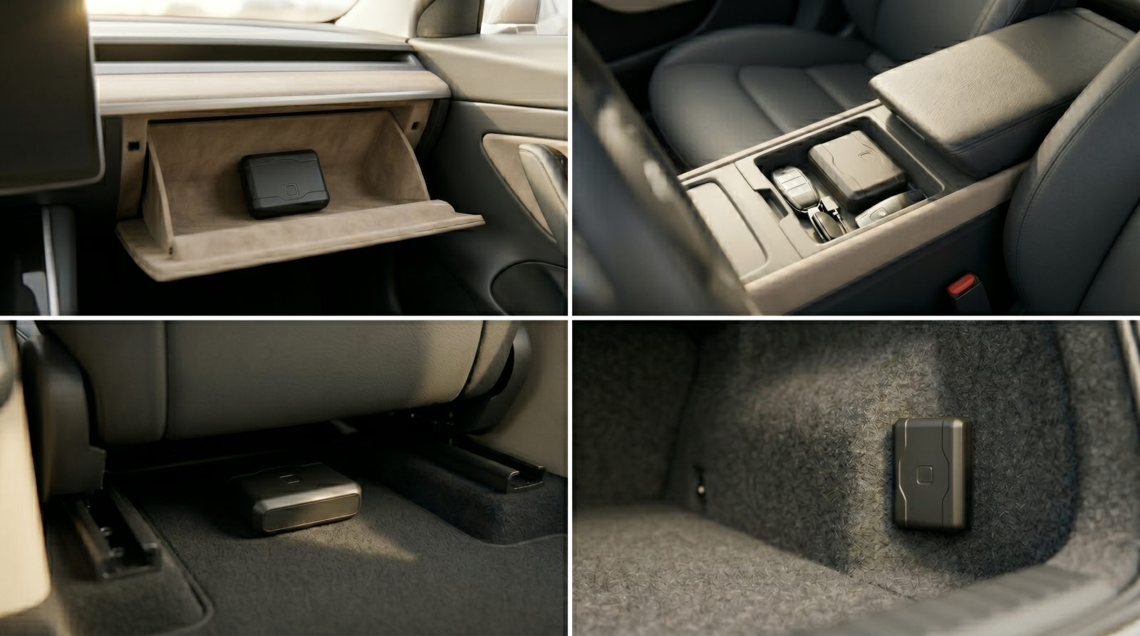 The Locosafe Orb&trade; placed in four spots: glovebox, center console, under a seat, and trunk lining.