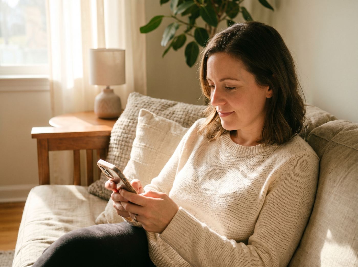 A woman checking the Locosafe Orb on her phone from her couch