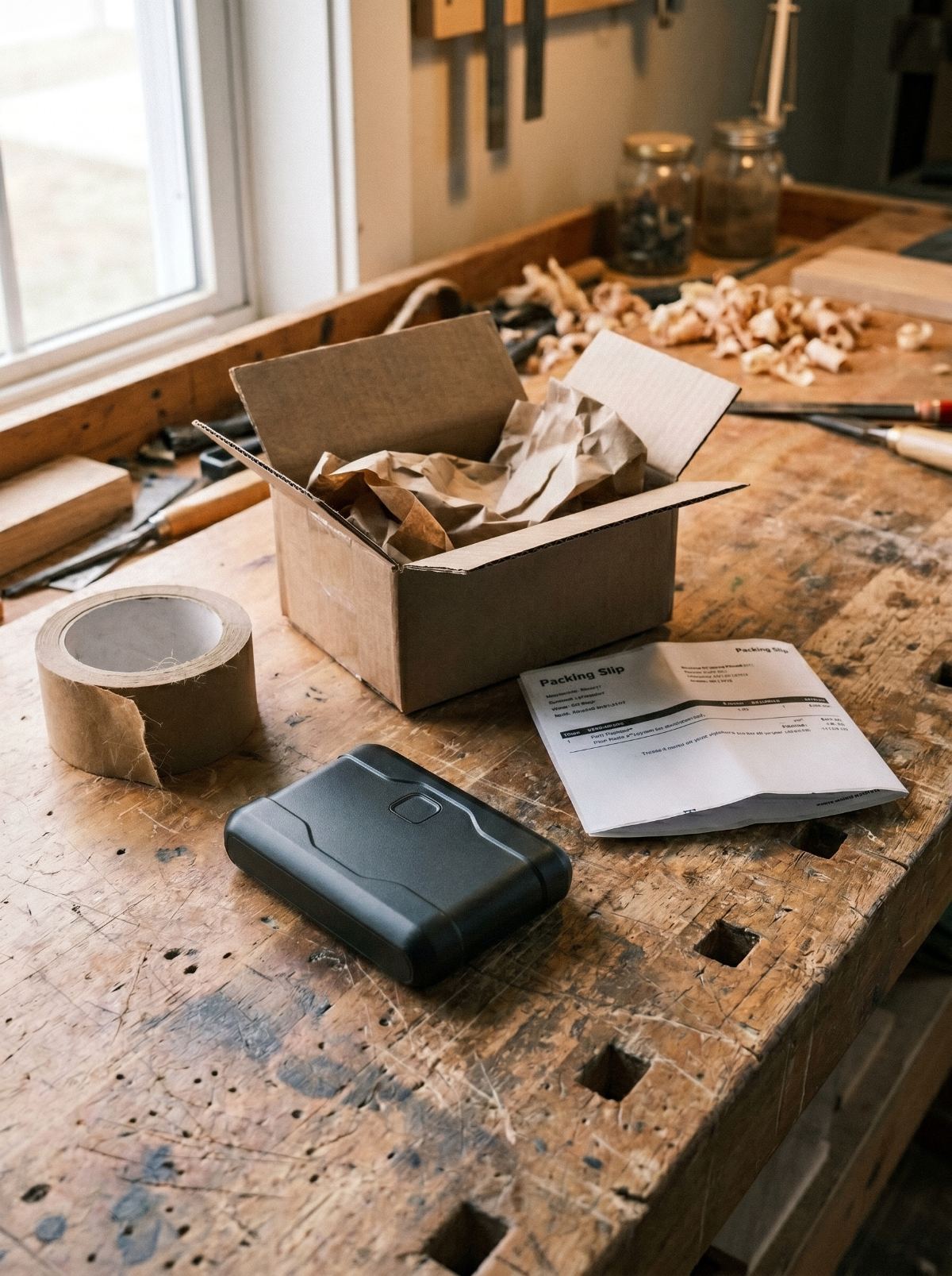 Locosafe Orb beside its open shipping box and packing slip on a workbench